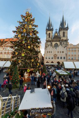 Prague, Çek Cumhuriyeti - 9 Aralık 2017: halklar ile Noel ağacı Prag Eski Şehir Meydanı ünlü advent Noel piyasada. 9 Aralık 2017 Prag, Çek Cumhuriyeti.