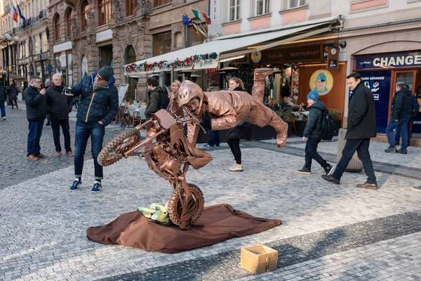 Prague Czech Republic December 2018 Street Performer Motorbike Hand Power — Stock Photo, Image