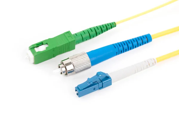 Coleta Diferentes Conectores Fibra Óptica Modo Único Isolados Fundo Branco — Fotografia de Stock