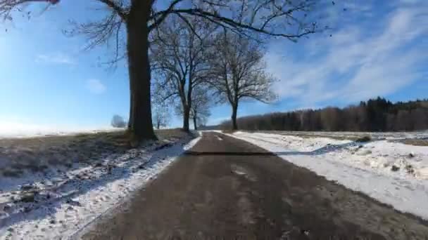 Car Driving Countryside Winter Season Sunny Day Landscape Covered Snow — Stock Video