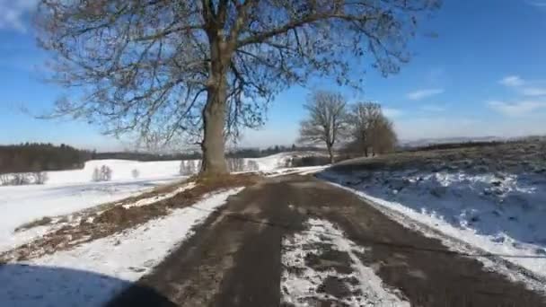 Car Driving Countryside Winter Season Sunny Day Landscape Covered Snow — Stock Video