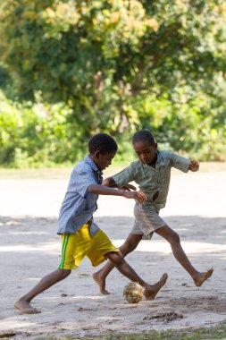 Maroantsetra, Madagaskar - 23 Kasım 2016: Mutlu Madagaskarlı çocuk, erkek ve kız çıplak ayak ile Madagaskar'daki Masoala yağmur ormanı yakınlarında onun köy arkasında futbol oynamak.