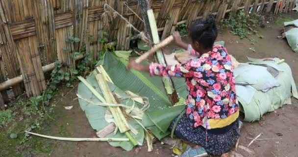Mujer africana del grupo étnico Dorze está preparando injera — Vídeos de Stock
