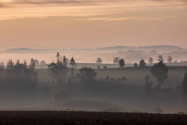 Jesień mgliste i mglisty wschód słońca krajobraz — Zdjęcie stockowe