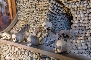 Ossuary Sedlec Kostnice'de insan kafatasları ve kemikleri