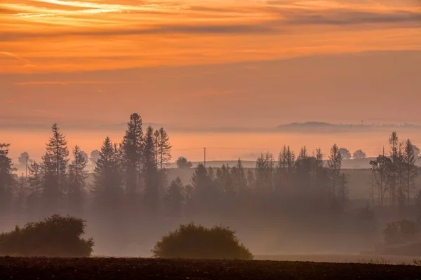 Herbst neblig und neblig Sonnenaufgangslandschaft — Stockfoto