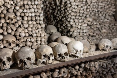 Ossuary Sedlec Kostnice'de insan kafatasları ve kemikleri