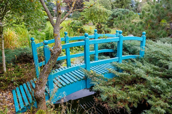 Kleine turquoise loopbrug over een vijver — Stockfoto