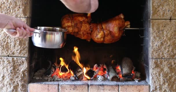鸡肉在吐口水上烤 — 图库视频影像