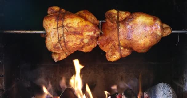 Chicken roasting on a spit — Stock Video