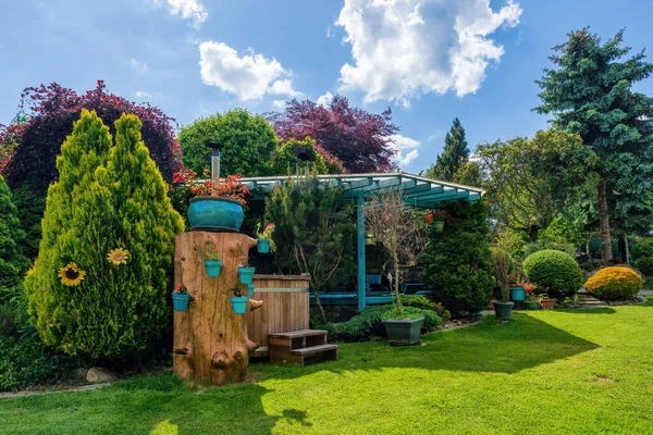 Pergola Mooie Zomertuin Groene Naaldbomen Groen Gras Middagzon Luxe Tuinieren — Stockfoto