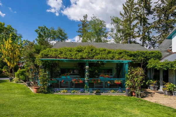 Pérgola Hermoso Jardín Verano Árboles Coníferas Verdes Hierba Verde Sol —  Fotos de Stock