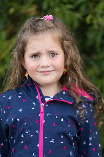 Closeup Portrait Sad Cute Little Girl Curly Golden Hair — Stock Photo, Image