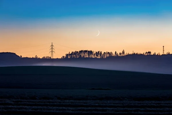 Paisagem Rural Após Pôr Sol Com Lua Europa República Checa — Fotografia de Stock