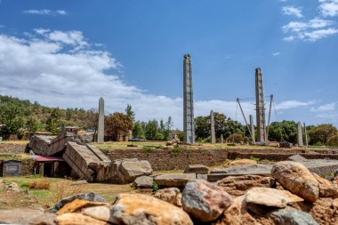 Etiyopya 'nın Aksum kentindeki eski Aksumite medeniyetinin sembolü olan antik taş dikili taş. UNESCO Dünya Mirası sitesi. Afrika kültürü ve tarihi yeri. Yaşamın beşiği.