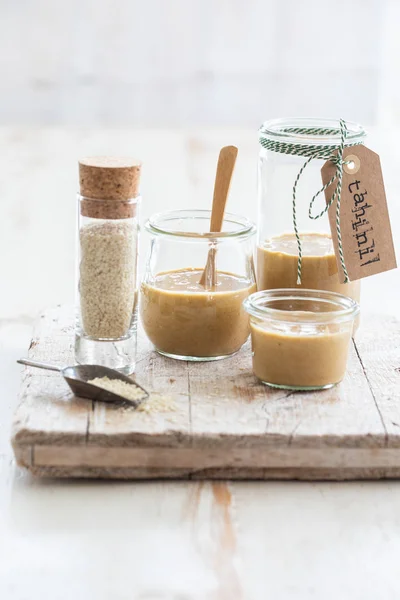 Collection Homemade Tahini Several Different Jars Sesame Seeds — Stock Photo, Image