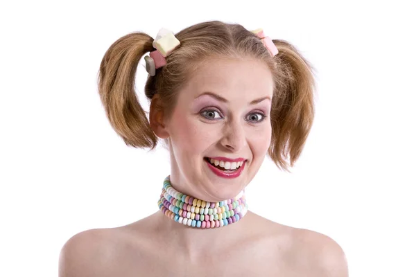 Csinos Fiatal Szőke Lány Candy Körül Nyakát Haját — Stock Fotó