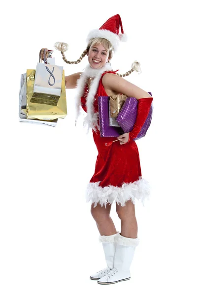 Jolie Fille Tenue Noël Avec Beaucoup Sacs Provisions — Photo