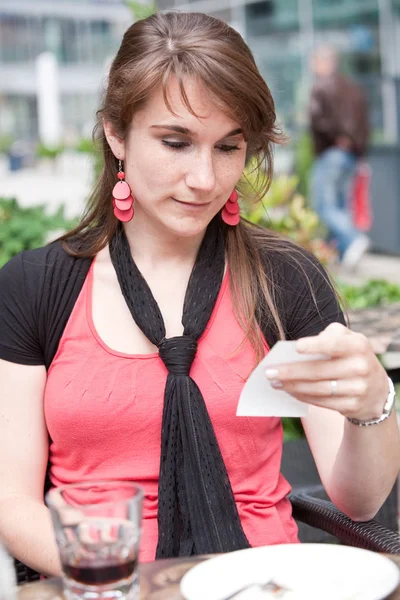 Pretty Young Girl Checking Price Her Purchases Terrace — Stock Photo, Image
