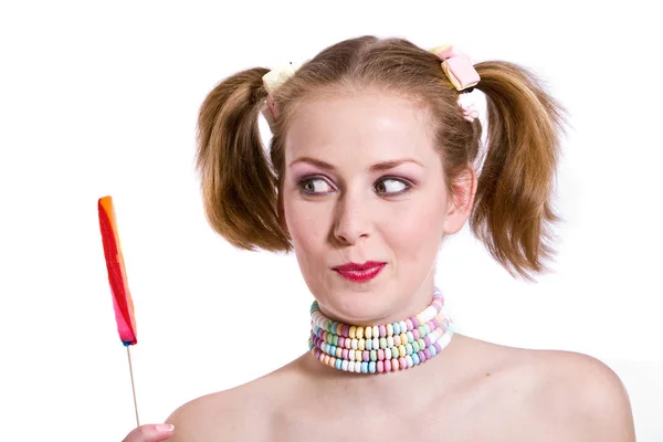 Cute Young Girl Two Ponytails Looking Candy Stick — Stock Photo, Image