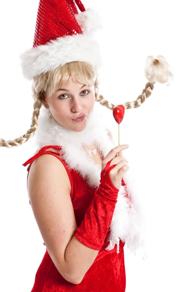 Bonito Jovem Menina Natal Roupa Branco Fundo — Fotografia de Stock