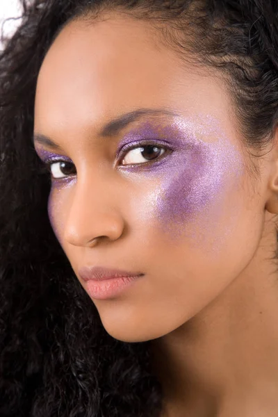 Beautiful Woman Heavy Purple Makeup Her Eyes Cheeks — Stock Photo, Image