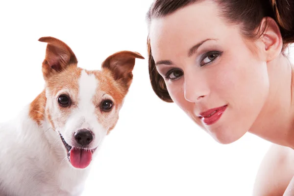 Mulher Bonita Com Seu Jack Russel Terrier Fundo Branco — Fotografia de Stock