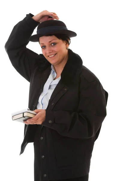 Oficial Policía Mujer Sosteniendo Pequeño Sombrero — Foto de Stock