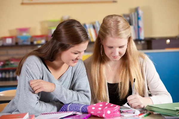 Two Schoolgirls Class Paying Attention Teacher — Stock Photo, Image