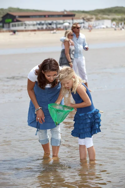 妈妈和女儿带着小虾网在海滩上 — 图库照片