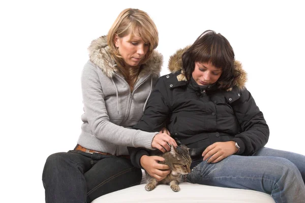 Due Ragazza Accarezzando Gatto Che Sembra Riluttante — Foto Stock