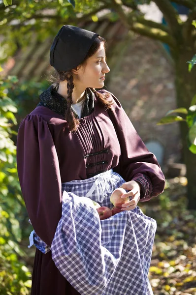 Beautiful Woman Standing Outdoors Orchard Picking Apples Tree — Stock Photo, Image