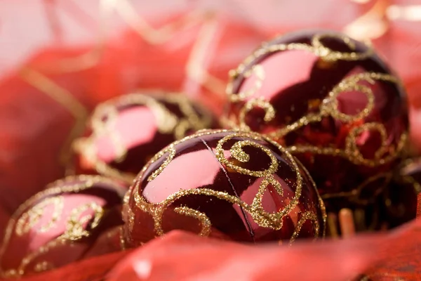 Bright Red Christmas Baubles Shiny Fabric — Stock Photo, Image