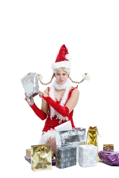 Süßes Junges Mädchen Weihnachtskleid Sieht Enttäuscht Von Einem Leeren Paket — Stockfoto