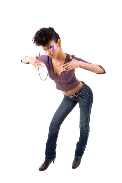 Menina Bonita Pose Moda Com Jeans Camisa Roxa — Fotografia de Stock