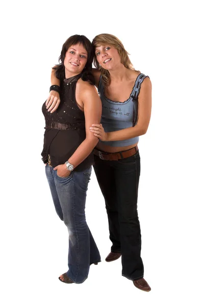 Two Sisters Standing White Background Full Lenght Body Shot — Stock Photo, Image