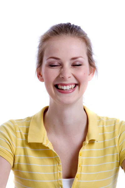 Pretty Blond Girl White Background Laughing — Stock Photo, Image