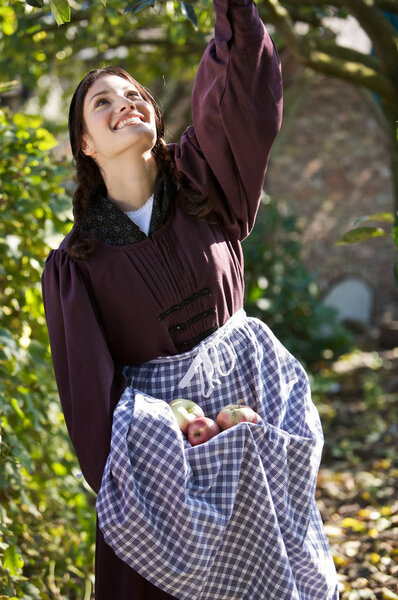 Pretty farm woman outdoors picking the apples from the tree