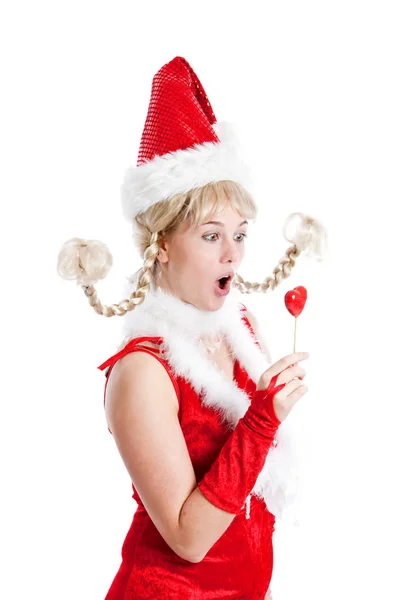 Söt Ung Tjej Santa Outfit Ser Chockad Över Hennes Lollipop — Stockfoto