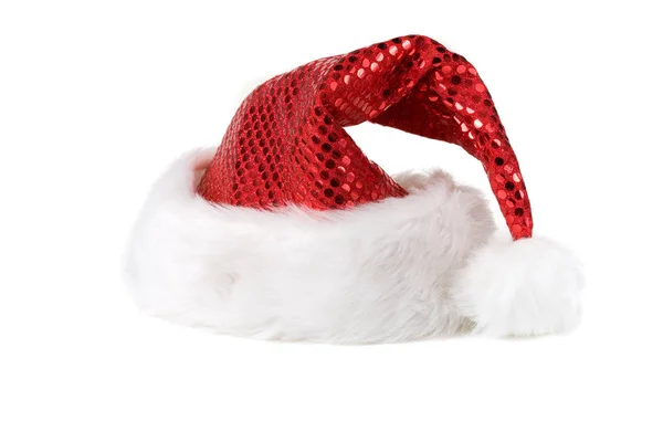 Bonito Chapéu Papai Noel Com Brilhante Top Vermelho Fundo Branco — Fotografia de Stock