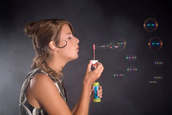 Pretty Blond Girl Blowing Bubbles Black Background — Stock Photo, Image