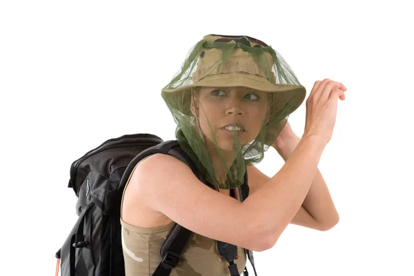 Pretty Blond Girl Hiding Her Face Mosquito Net Goes Her — Stock Photo, Image