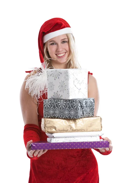 Mignon Jeune Fille Debout Avec Une Pile Cadeaux Dans Ses — Photo