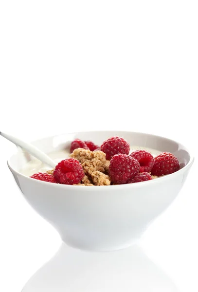 Small Bowl Filled Vanilla Yogurt Raspberries Cruesli — Stock Photo, Image