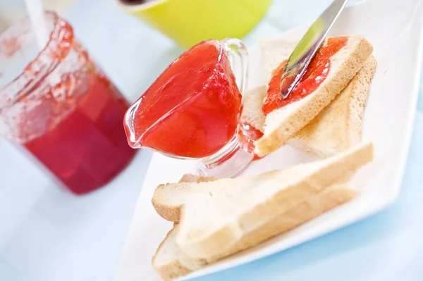 Table Freshly Made Prune Jam Toast Bread — Stock Photo, Image