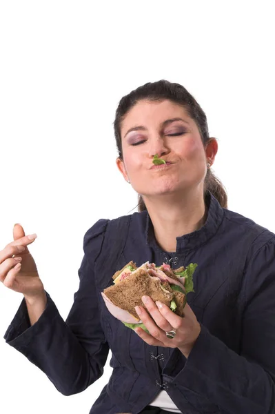Morena Mujer Comiendo Sándwich Estudio Con Fondo Blanco — Foto de Stock