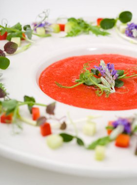 Çeşitli garnitürlerle süslenmiş lezzetli gazpacho çorbası.