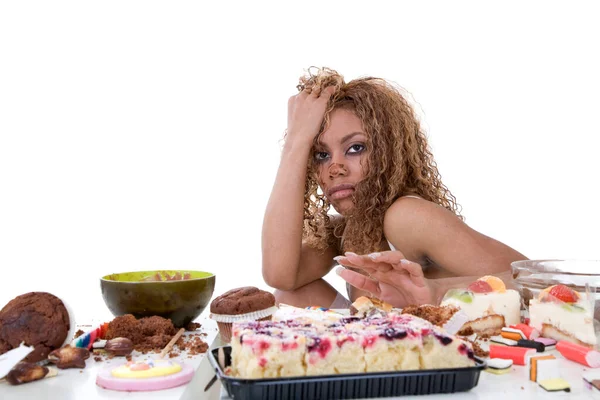 Mooi Zwart Meisje Die Net Geweest Een Voedsel Binge — Stockfoto
