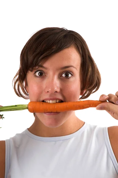 Pretty Brunette Raw Carrot Her Teeth Pulling Face — Stock Photo, Image