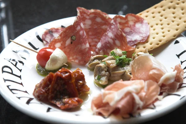 Small Plate Antipasti Mushrooms Marinated Garlic Oil Toast Cherry Tomato — Stock Photo, Image